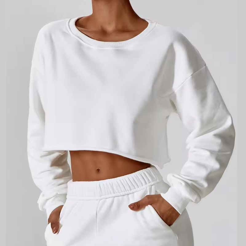 Women Cotton Fleece Crop Sweatshirt Drop Shoulder Pullover