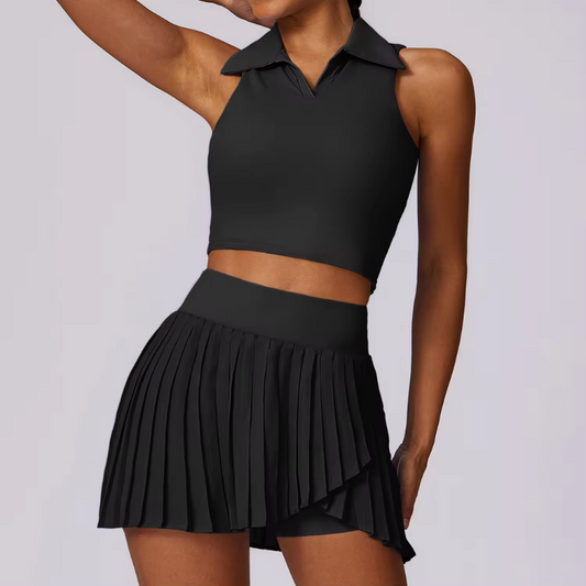 Polar Neck Pleated Mini Skirt 2pcs Set Outdoor Active Golf / Tennis