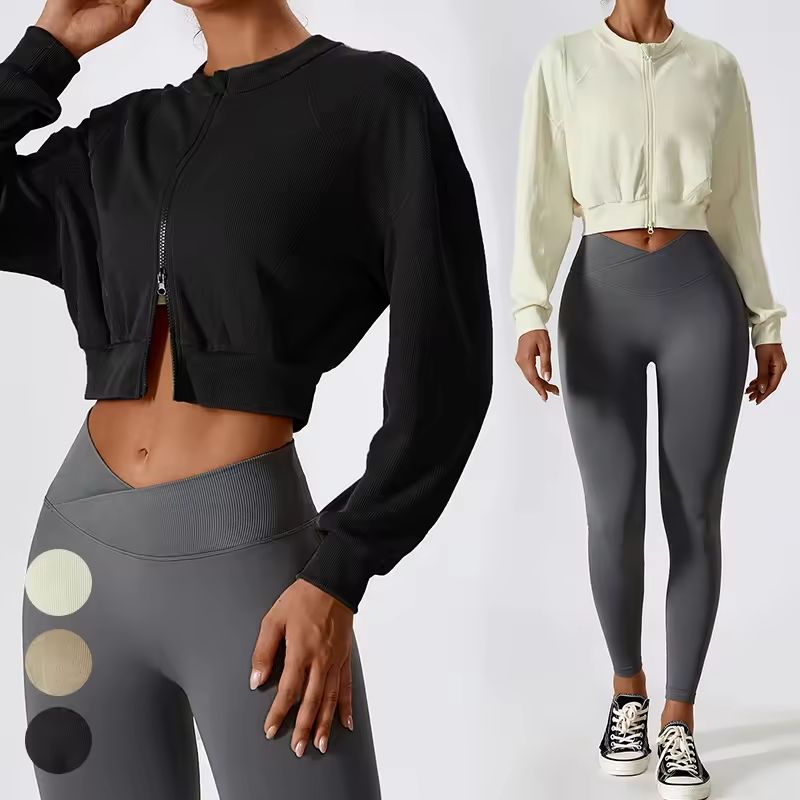 Loose Long Sleeve Double Zipper Ribbed Short Jacket