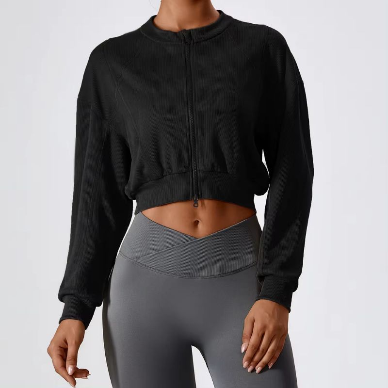 Loose Long Sleeve Double Zipper Ribbed Short Jacket